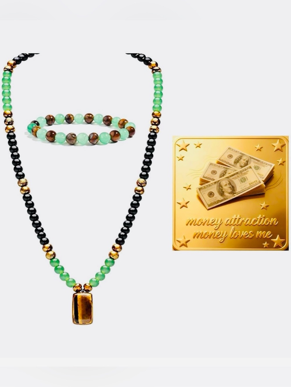 #2574**Green and Black Beaded Necklace and Bracelet Set with Gold Accents - Picture 1 of 17